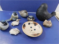 Woodland Lot--Clay Bird, Clay Cat, Wooden Cat