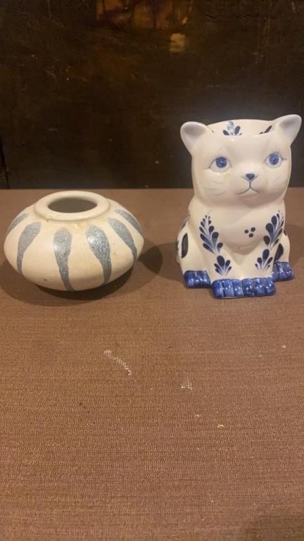 Porcelain Cat and ceramic pot