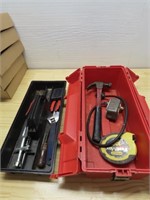 Red tool box w/assorted tools.