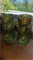 2 Green Ceramic vases 7 in tall