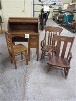 Roll Top Childs Desk w/ Chair & (2) Rocking Chairs