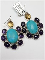 Silver Turquoise Citrine And Amethyst(62.7ct) Ear