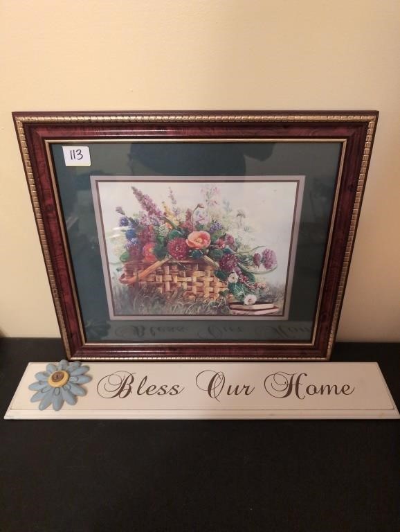 Floral pic and bless our home sign