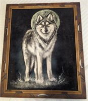 Vintage velvet painted wolf picture