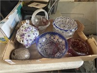 Cut glassware and brides basket + bowls