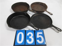 4 CAST IRON FRY PANS , GRISWOLD #8, LODGE, UNMARKD
