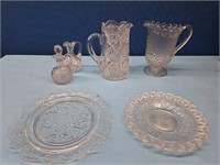 Cut Glass Pitcher, Two Cruets, Plates And More