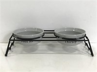 Elevated metal pet feeder stand with bowls