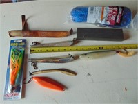 FISHING SUPPLIES- 2 LARGE JIGS, KNIFE, STONE& ROPE