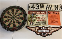 Vintage Halex Dartboard with Assorted Metal Signs