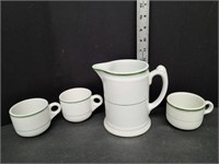 Vitrified Pitcher & 3 Various Coffee Cups