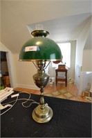 BRASS BASE GREEN SHADE LAMP 28 IN TALL