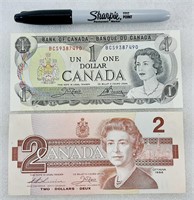 2 billets du CANADA, 1$ 1973 et 2$ 1986