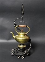 Fine Intricate Brass teapot w/ Wrought Iron Stand