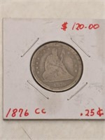 1876cc Seated Liberty Quarter Dollar