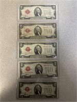 5 $2 bill, red seal lot.