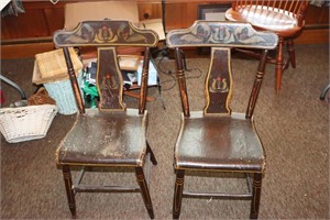 2 Handpainted T - back side chairs inscribed with