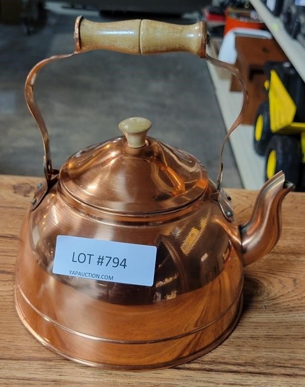 COPPER TEA POT WITH WOOD HANDLE