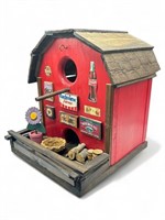 Large red barn bird house with cute advertising