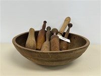 Antique Wooden Bowl & Collection of Food Mashers