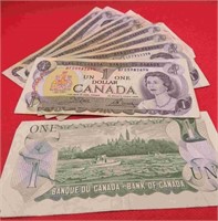 1973 Lot 10 Canada One Dollar Bank Notes Money