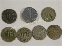7 US 3 Cent Coins 1849-1862