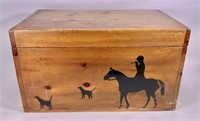 Pine tack box, tin hunt scene, figures applied,