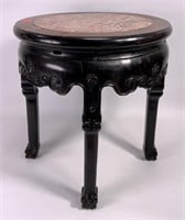 Chinese stool-table, pink marble insert, carved