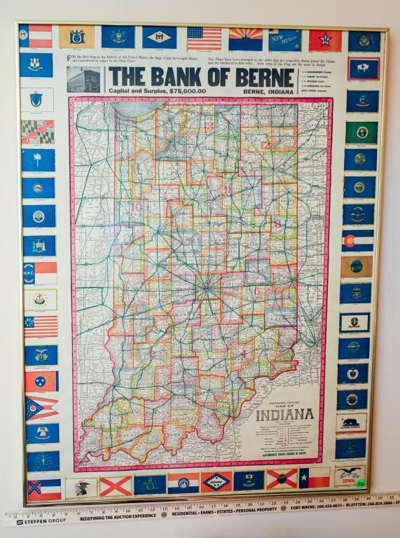 The Bank of Berne, Berne IN Framed Indiana Map