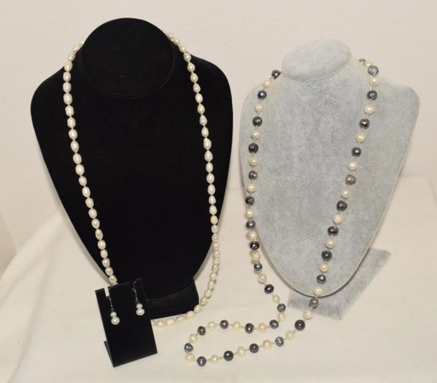 Two Pearl Necklaces & Earrings