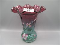 Fenton 11" HP cranberry vase w. dogwood