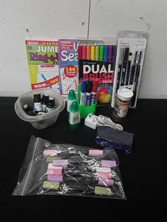 Stamping pens, word find books, markers,