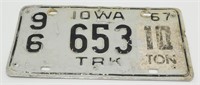 Single Vintage 1967 Iowa 10 Ton Truck License