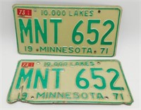 Vintage Pair of 1971 Minnesota License Plates
