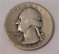 Coins: 1939 silver quarter - 125 wheat pennies