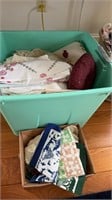 Large tub of vintage linens, tablecloth, dish,