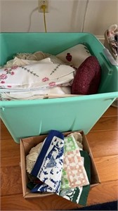Large tub of vintage linens, tablecloth, dish,