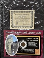 1931 Canada One Cent Coin With Stamp- COA