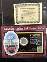 1919 Canada 25 Cents Silver Coin With Stamp- COA