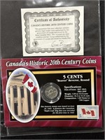 1972 Canada 5 Cents Coin With Stamp- COA