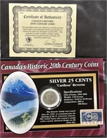1961 Canada 25 Cents Silver Coin With Stamp- COA