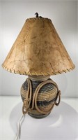 Western Style Rope Lamp, 3-Way, Leather Shade, 28"