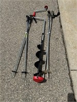 Hand held ice auger and ski poles