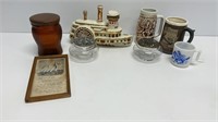 Decor lot: shop decanter, (2) beer steins, Tex on