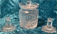K - GLASS COVERED JAR WITH CANDLESTICK HOLDERS (L4