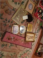 Set of misc pictures and wooden stand and cross