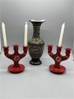 Three Light Danish Wooden Candelabras and Etched T