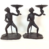 Cast Bronze Monkey Candleholders, 11" Tall