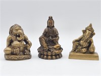 3 BRASS ASIAN FIGURES - BUDDAH GODDESS IS 3.75" T