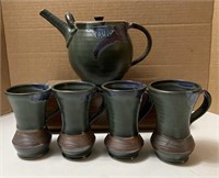 Gorgeous studio art pottery tea set, pot & 4 mugs